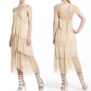 NWT BCBG Kat tiered lace dress in tan
